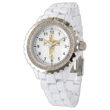 Gouden Cross Custom Rhinestone wit emaille horloge