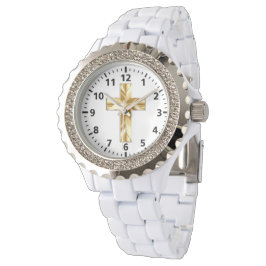 Gouden Cross Custom Rhinestone wit emaille horloge