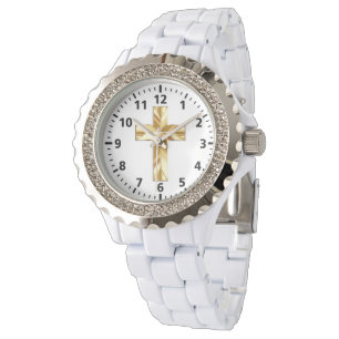 Gouden Cross Custom Rhinestone wit emaille horloge