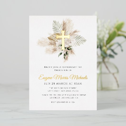 Gouden Cross Pampas Toewijding Folie Uitnodiging (Staand Voorkant)