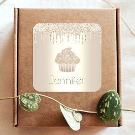 Gouden cupcake glitter druppels naam moderne glam  vierkante sticker