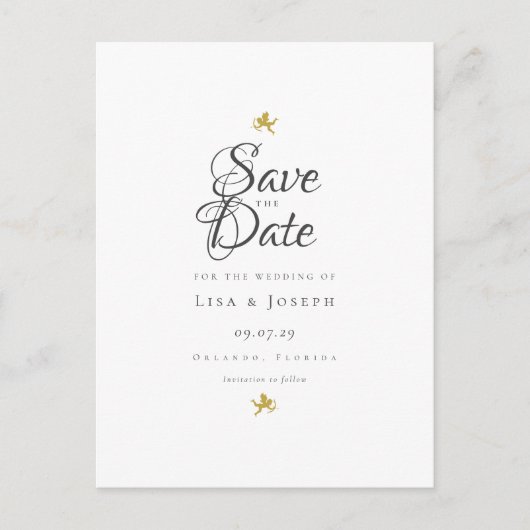 Gouden Cupido's Elegante Script Bewaar de Datum Aankondigingskaart (Voorkant)