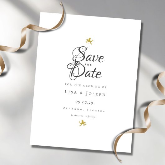 Gouden Cupido's Elegante Script Bewaar de Datum Briefkaart