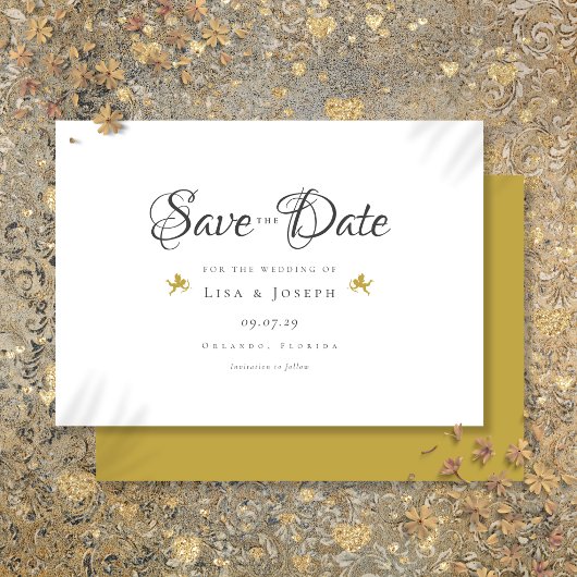 Gouden Cupido's Moderne Elegante Script Bruiloft Save The Date