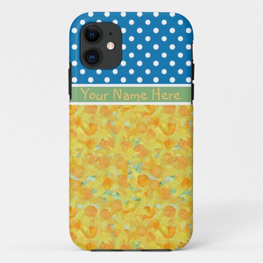 Gouden Daffodils en Blauwe Polka Dots Case-Mate iPhone Case (Achterkant)