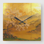 Gouden Dageraad: Elegant Aziatisch-geïnspireerd Vierkante Klok (Voorkant)