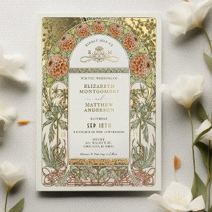 Gouden Dahlia Art Nouveau Bruiloft Antiek Folie Uitnodiging