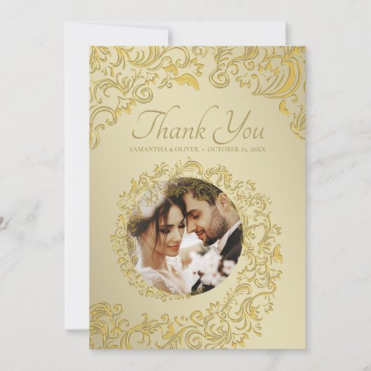Gouden Damask bruiloft Dank u fotokaart Bedankkaart (Voorkant)