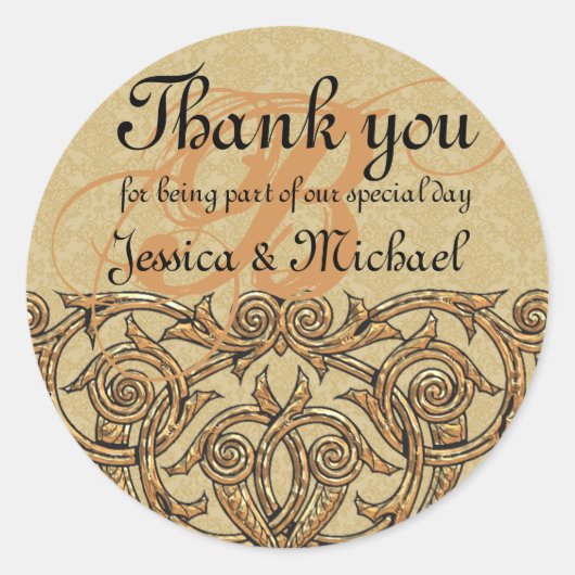 Gouden Damask Custom Monogram Bruiloft Favor Seal Ronde Sticker (Voorkant)