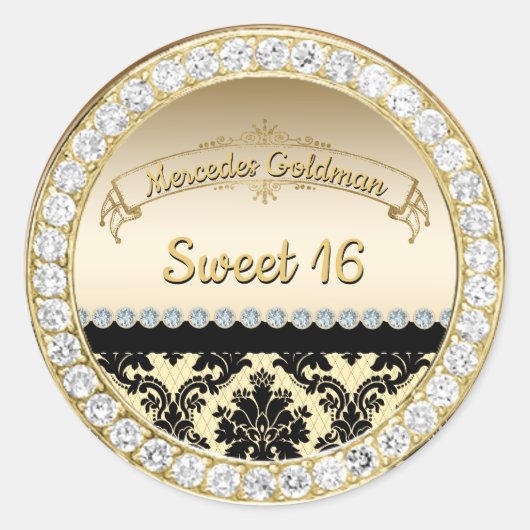 Gouden Damask & Diamonds Sweet 16 Verjaardag Ronde Sticker (Voorkant)