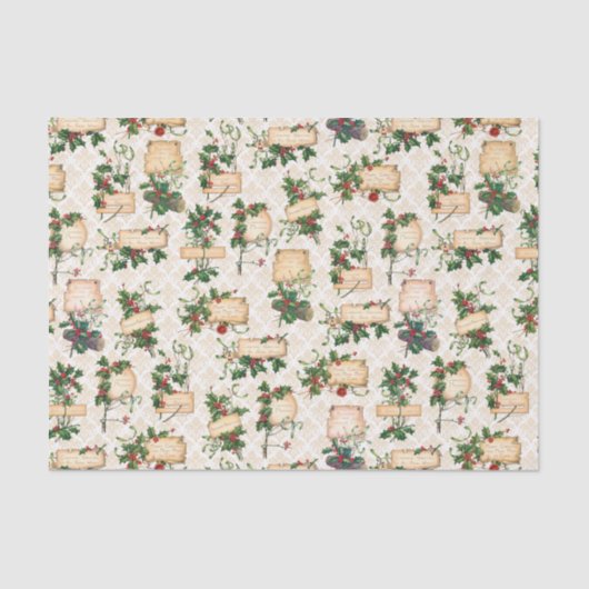 Gouden Damask, Kerstgroeten & Holly Tissuepapier (Voorkant)