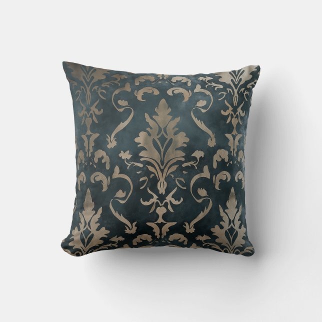 Gouden Damask op Deep Blauwgroen Kussen (Voorkant)