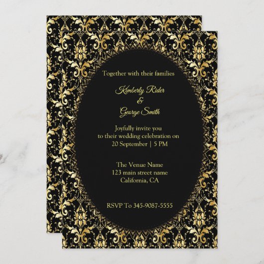Gouden Damask Stijl Huwelijksuitnodigingen Kaart (Voorkant / Achterkant)