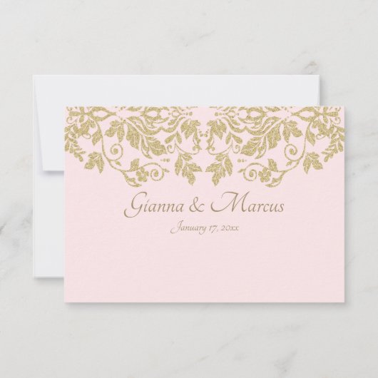 Gouden Damask Vine Bloemen Roze en Goud Reactie RSVP Kaartje (Achterkant)