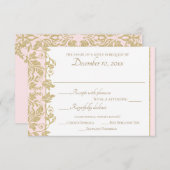 Gouden Damask Vine Bloemen Roze en Goud Reactie RSVP Kaartje (Voorkant / Achterkant)