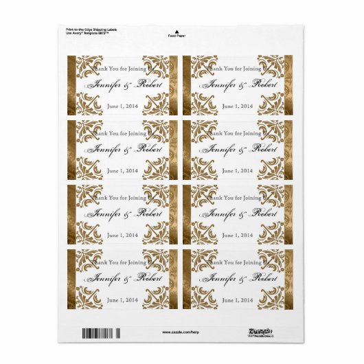 Gouden Damask Zijde Posh Water Flesetiket Etiket (Full Sheet)