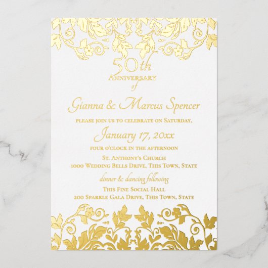 Gouden Damast 50ste verjaardag Folie Uitnodiging (Voorkant)