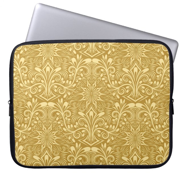 Gouden Damast Barok Bloemen Patroon Laptop Sleeve (Voorkant)