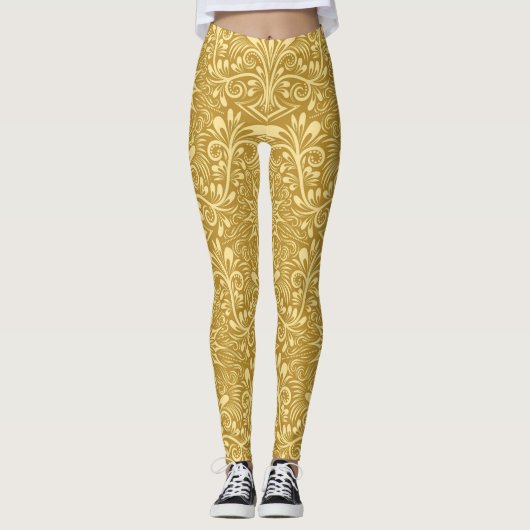 Gouden Damast Barok Bloemen Patroon Leggings (Voorkant)