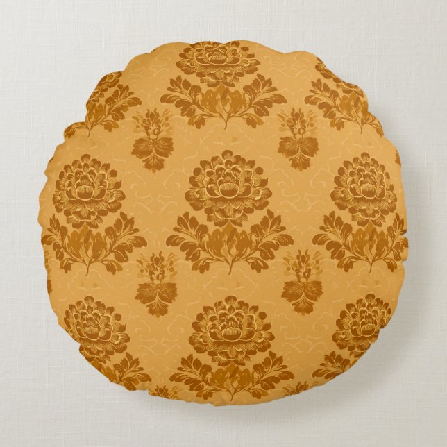 Gouden Damast Bloempatroon Rond Kussen (Voorkant)
