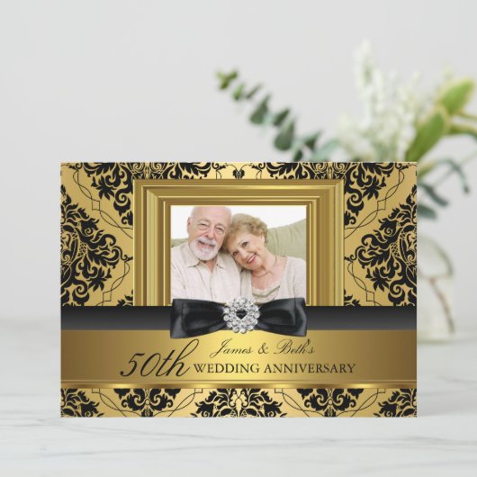 Gouden Damast Boog Foto 50ste Huwelijksverjaardag  Kaart (Staand voorkant)