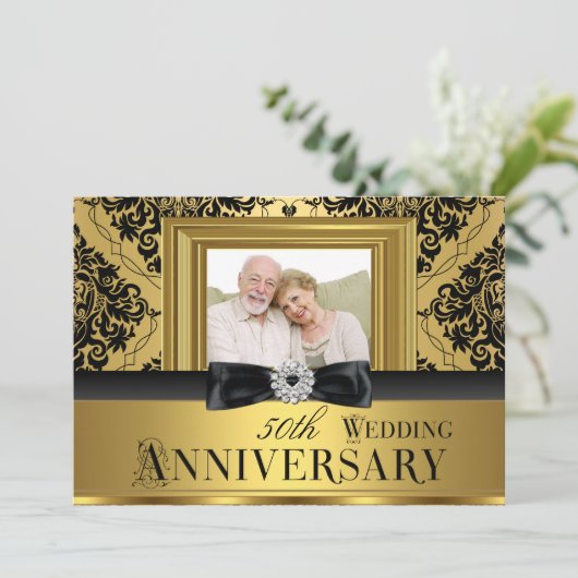 Gouden Damast Boog Foto 50ste Huwelijksverjaardag  Kaart (Staand voorkant)
