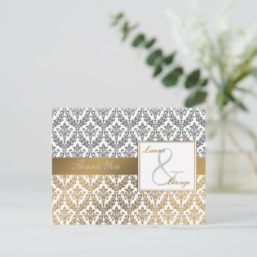 gouden damast bruiloft Dank u Briefkaart (Staand voorkant)