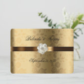Gouden Damast Chocolade Bruin Satijn Witte Bloem Kaart (Staand voorkant)