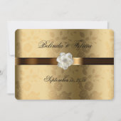 Gouden Damast Chocolade Bruin Satijn Witte Bloem Kaart (Voorkant)