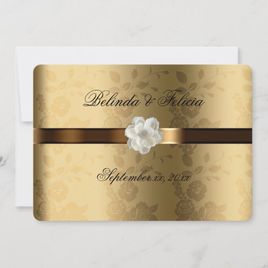 Gouden Damast Chocolade Bruin Satijn Witte Bloem Kaart (Voorkant)