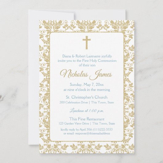 Gouden Damast Eerste Communie met Blauw Kaart (Voorkant)