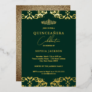 Gouden Damast Emerald Quinceanera 15e verjaardag  Folie Uitnodiging