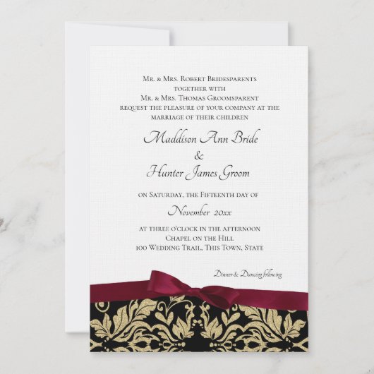 Gouden Damast en Bourgondische Bow bruiloft Kaart (Voorkant)