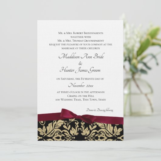 Gouden Damast en Bourgondische Bow bruiloft Kaart (Staand voorkant)