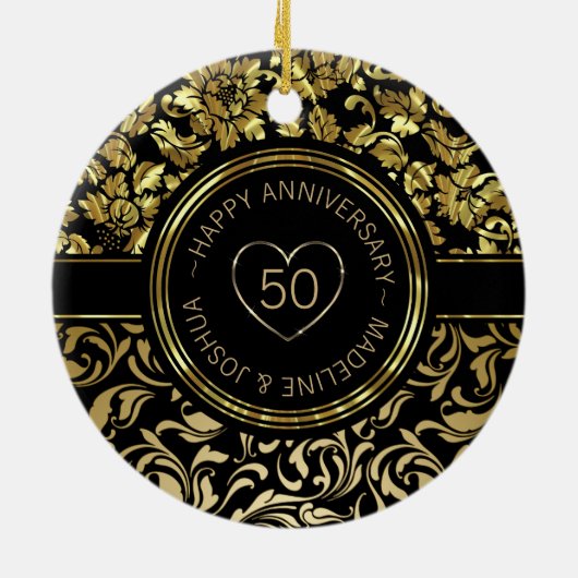 Gouden damast en goud - zwarte harten keramisch ornament (Achterkant)