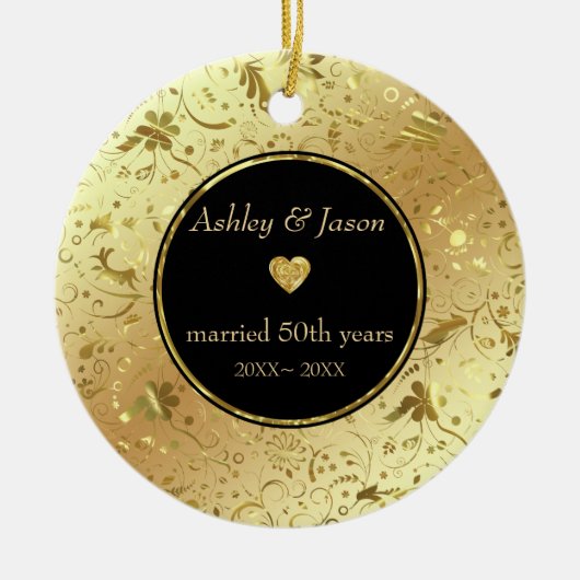 Gouden damast en hart keramisch ornament (Voorkant)