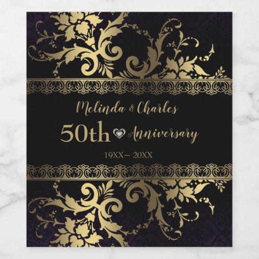 Gouden damast en kant bruiloft Jubileum Wijn Etiket (Enkel label)