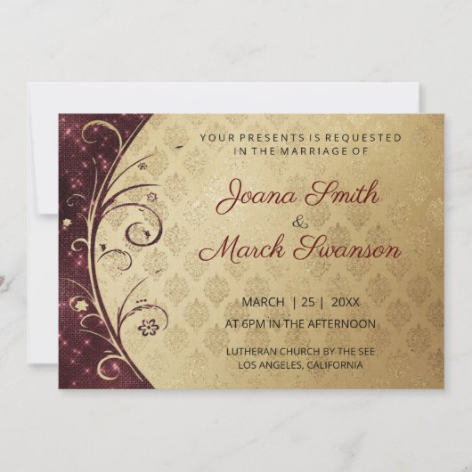 Gouden damast en Paarse wervelingen bruiloft Kaart (Voorkant)