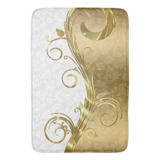 Gouden damast en werveling en witte damast badmat (Voorkant Verticaal)