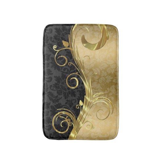 Gouden damast en werveling en zwarte damast badmat (Voorkant Verticaal)