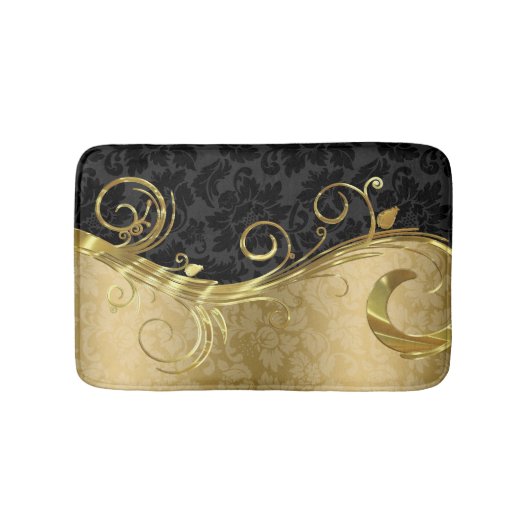 Gouden damast en werveling en zwarte damast badmat (Voorkant)