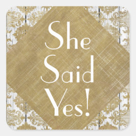 gouden damast en wit hout zei ze ja vierkante sticker