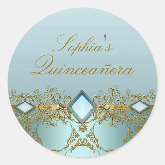 Gouden Damast & Juweel Quinceanera Sticker (Voorkant)