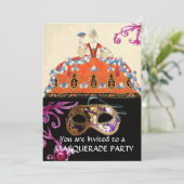 GOUDEN DAMAST MASKER EN ORANJE LADY MASQUERADE FEE KAART (Staand voorkant)
