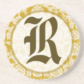 Gouden Damast Monogram Bruiloft Jubileum Onderzett Zandsteen Onderzetter (Voorkant)