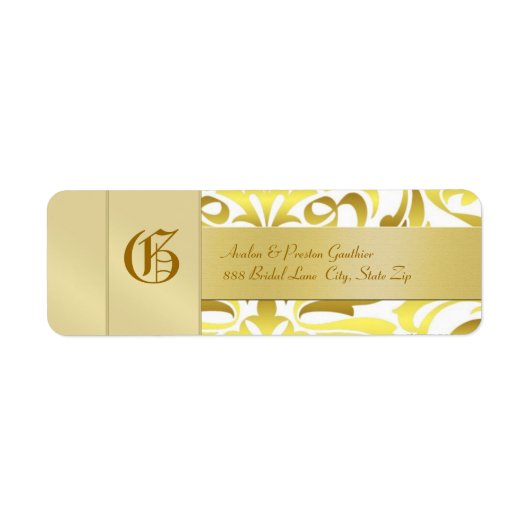 Gouden Damast Monogram Gouden Bruiloft Adres Label (Voorkant)