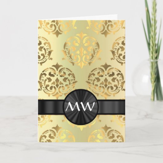 Gouden damast monogram notitiekaartje (Voorkant)