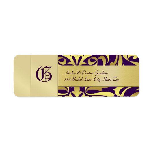 Gouden Damast Monogram Paarse Bruiloft Adres Label (Voorkant)