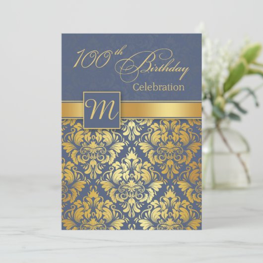 Gouden damast op blauwe uitnodiging voor 100e verj (Staand voorkant)