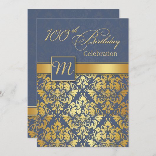 Gouden damast op blauwe uitnodiging voor 100e verj (Voorkant / Achterkant)